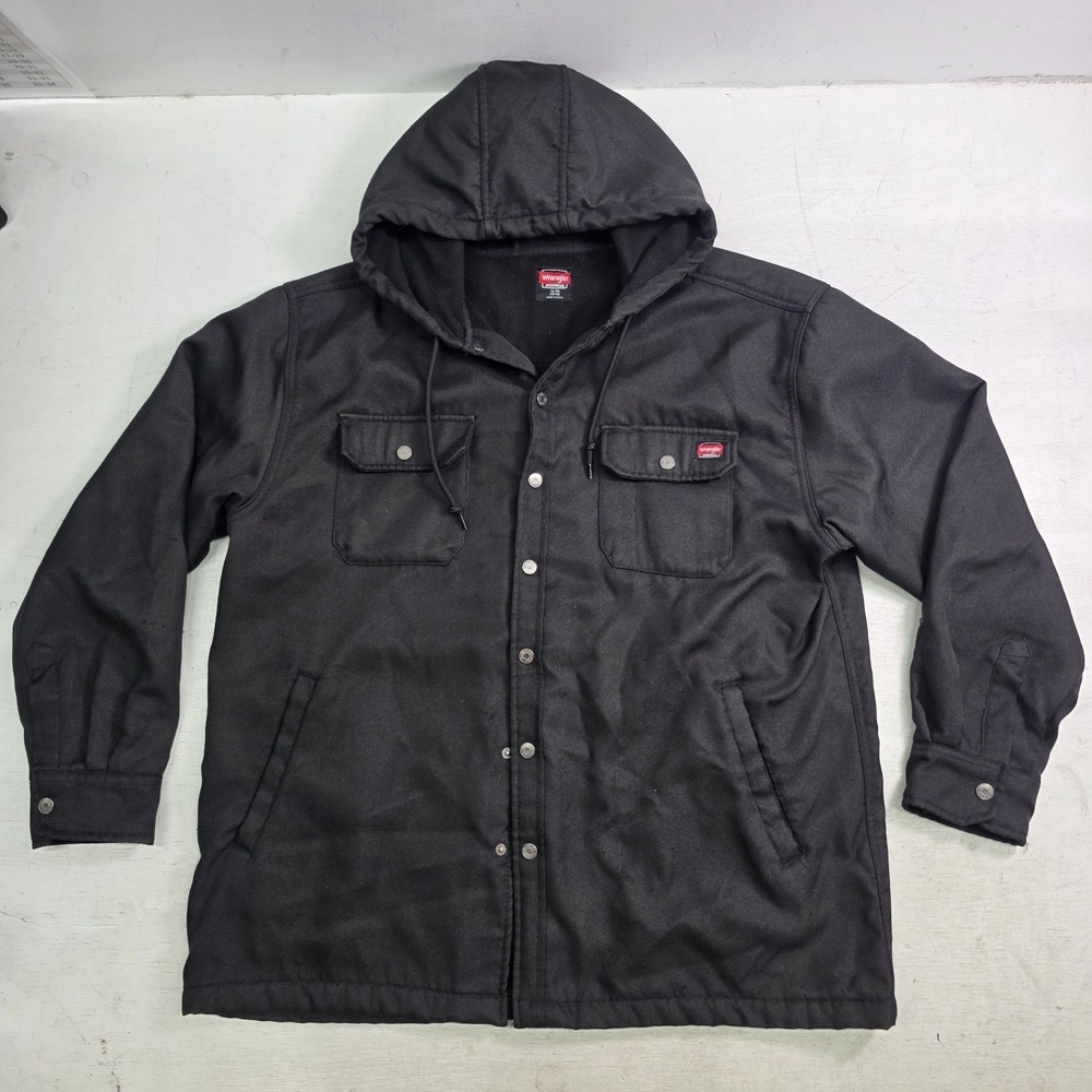 Wrangler Workwear Hooded Canvas Work Jacket Black Fleece Lined Mens XL 46-48